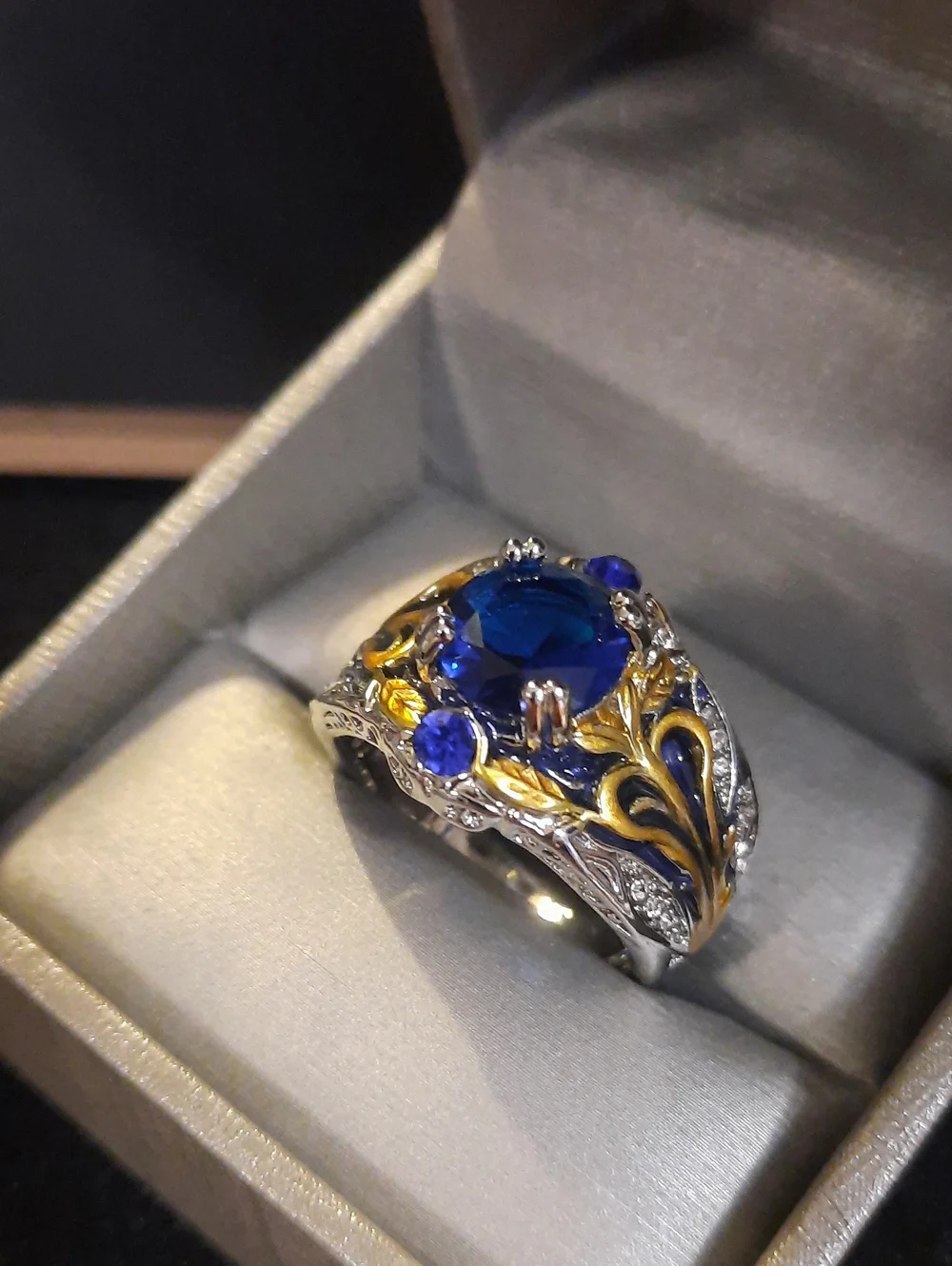 Blue and Gold Floral Filigree Mens Ring - Fashion Jewelry